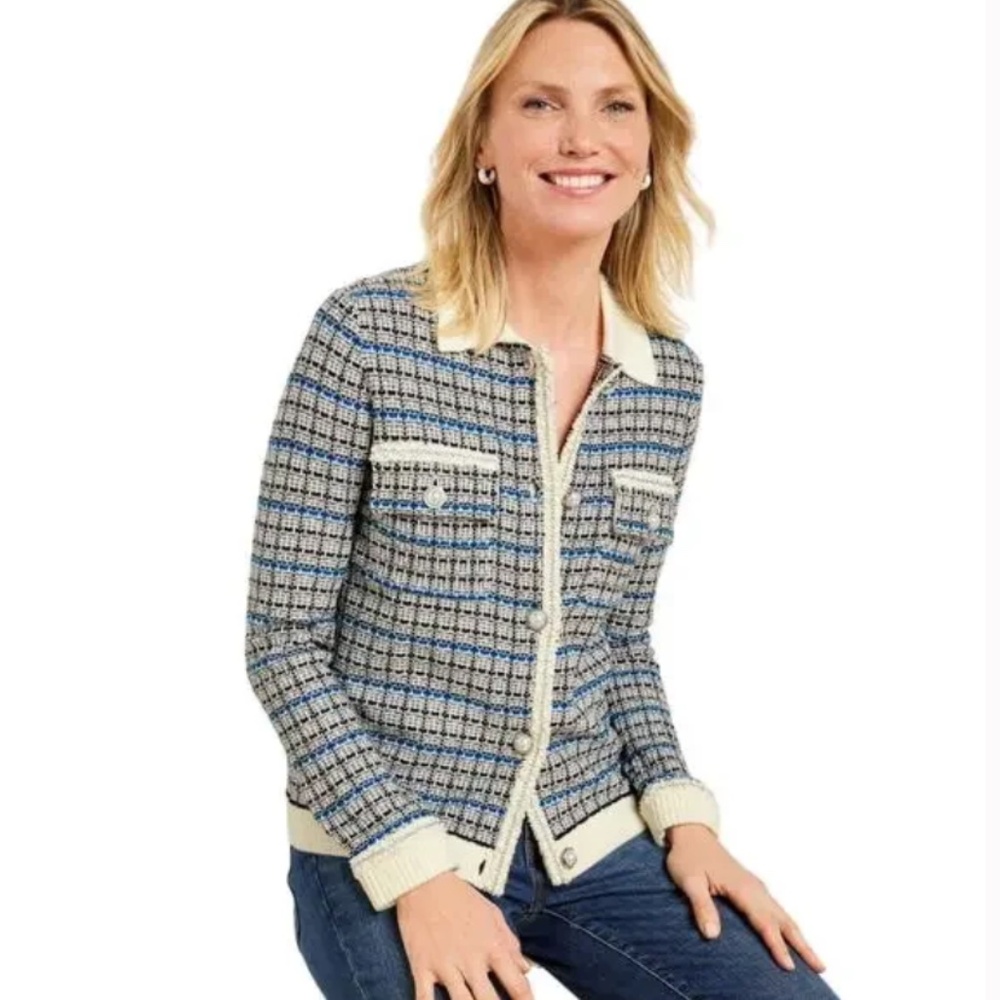 Talbots Mademoiselle Plaid Cardigan Sweater w/ Pearl Chain Details - Sz Large